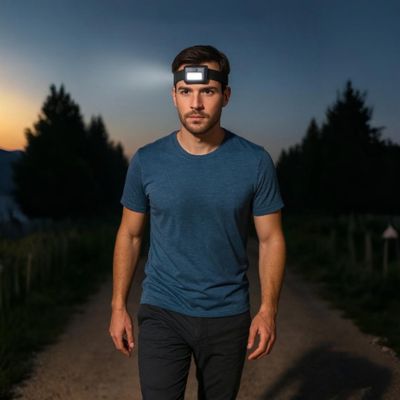 lampe frontale homme en randonnée nocturne