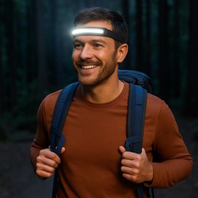 lampe frontale homme en randonnée