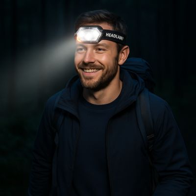 lampe frontale avec homme heureux dans la noirceur