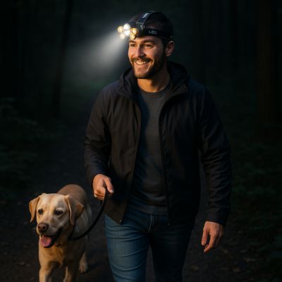 lampe frontale homme promenant son chien
