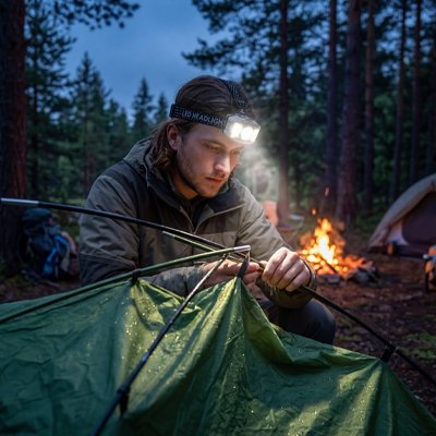 Lampe frontale homme qui fixe son bivouac