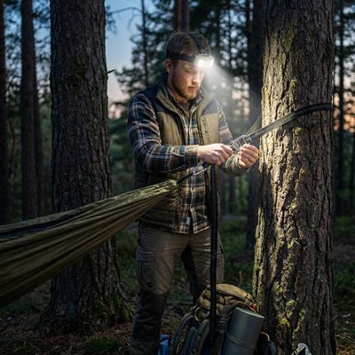 Lampe frontale homme qui fixe son hamac