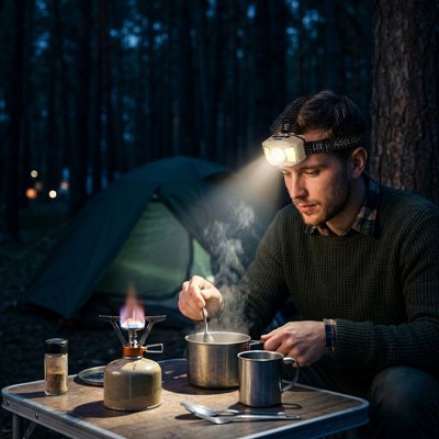 Lampe frontale homme qui prépare son repas 
