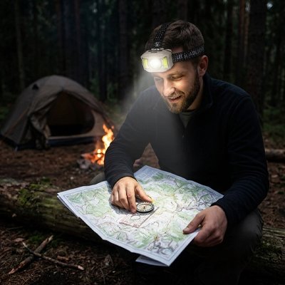 Lampe frontale homme qui regarde sa carte avec boussole