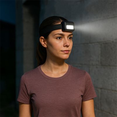 lampe frontale femme près d'un immeuble