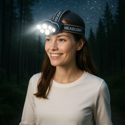 lampe frontale puissante femme dans le bois
