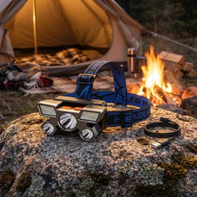 lampe frontale rechargeable bleue environnement de camping