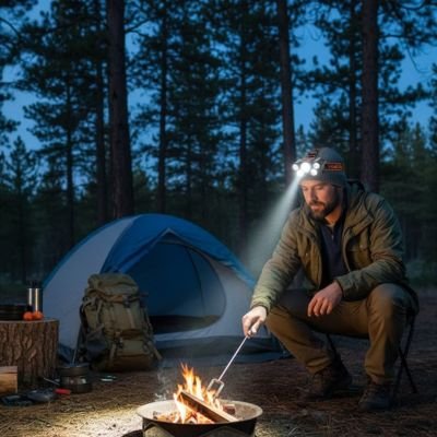 lampe frontale rechargeable homme au feu de camp