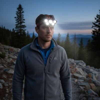lampe frontale rechargeable homme dans les alpes 