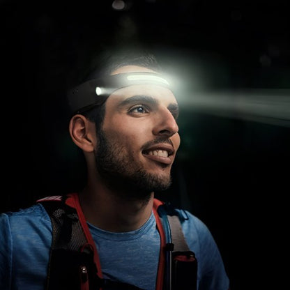 lampe frontale sur le front d'un homme