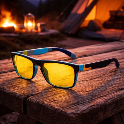 lunette vision nocturne cadre bleu sur table de pique-nique