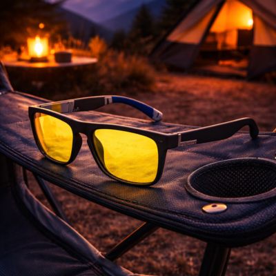lunette vision nocturne cadre noir sur une chaise camping