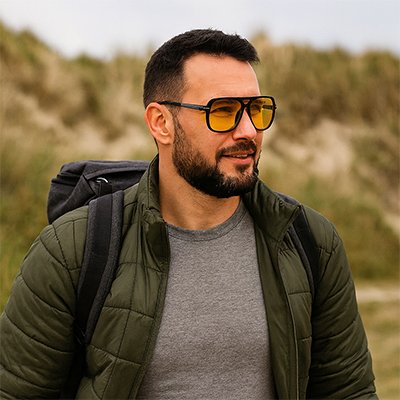 lunette vision nocturne verres jaunes polarisés homme en trek