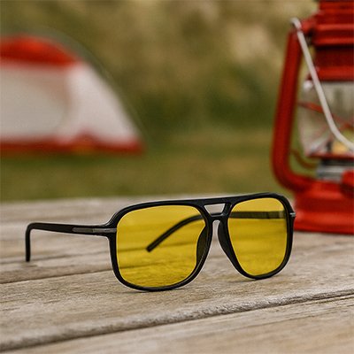 lunette vision nocturne verres polarisés jaune reposant sur la table de pique-nique