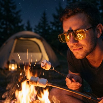 lunettes à vision nocturne homme en camping avec des guimauves au feu