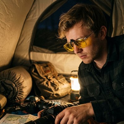 lunettes à vision nocturne homme en camping qui lit une carte 