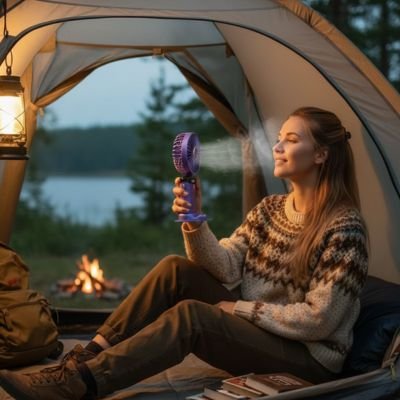 Mini ventilateur femme dans un bivouac en camping