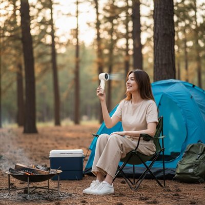 Mini ventilateur portable beige femme en camping
