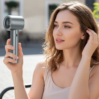 Mini ventilateur portable femme assise a l'extérieur