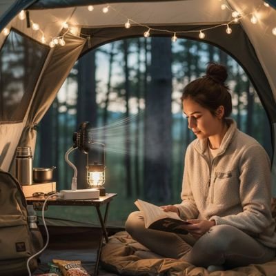 Mini ventilateur portable femme dans son bivouac