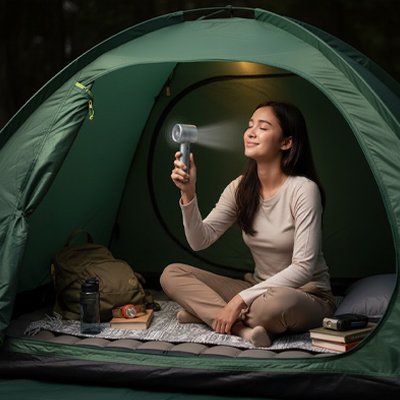 Mini ventilateur portable femme dans son bivouac