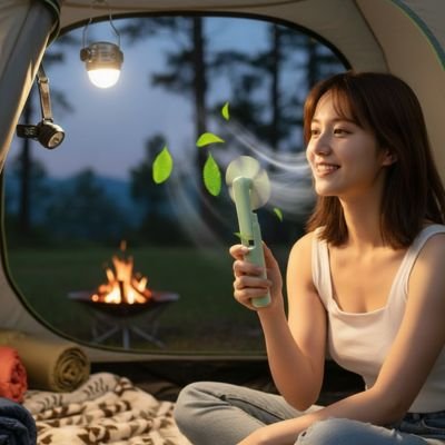 Mini ventilateur portable femme dans son bivouac 