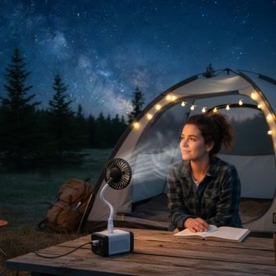 Mini ventilateur portable  femme en bivouac