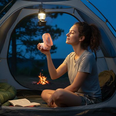 Mini ventilateur portable femme en bivouac