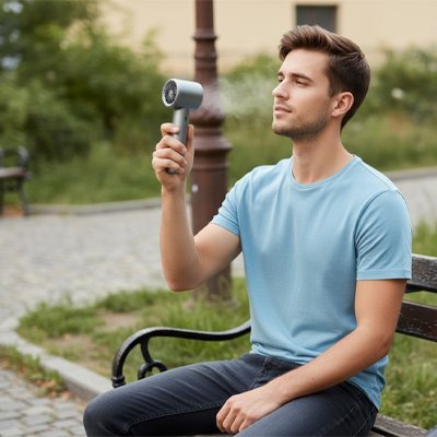 Mini ventilateur portable homme assis sur un banc de parc