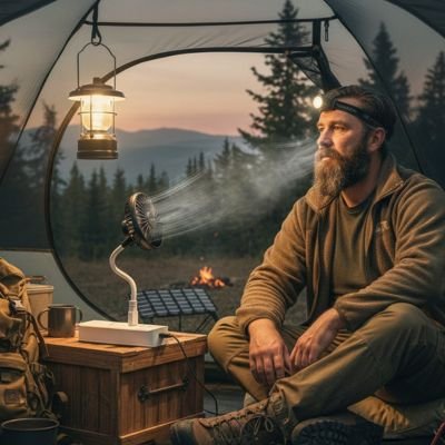 Mini ventilateur portable homme en bivouac