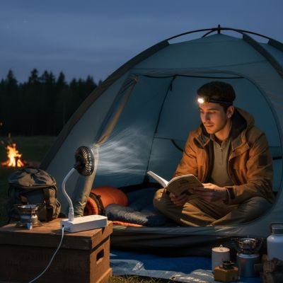 Mini ventilateur portable homme qui lit un livre en camping