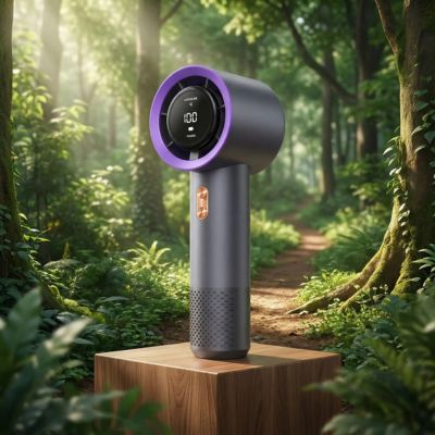 Mini ventilateur portable noir et mauve reposant dans les bois