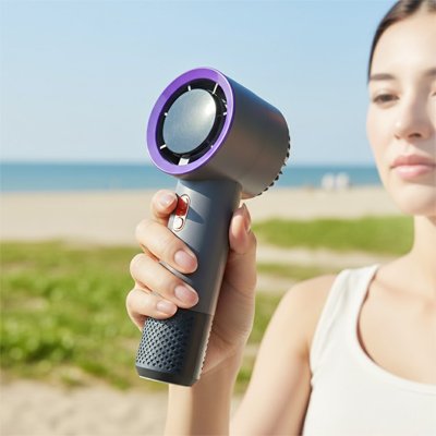 Mini ventilateur portable noir femme qui se rafraichit