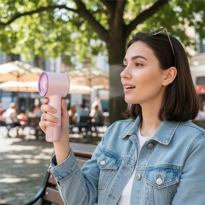Mini ventilateur portable rose femme dans le parc
