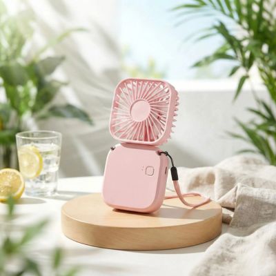 Mini ventilateur portable rose sur un présentoir