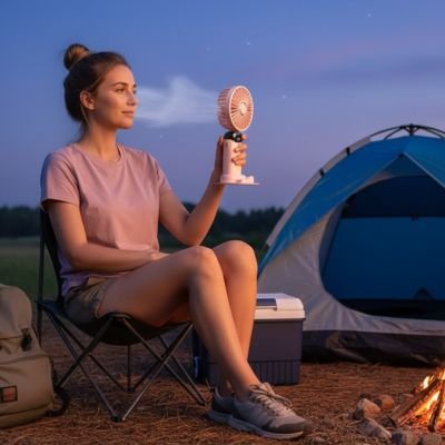 Mini ventilateur rose femme au repos a l'extérieur