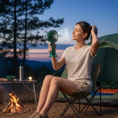 Mini ventilateur vert femme qui se rafraichit