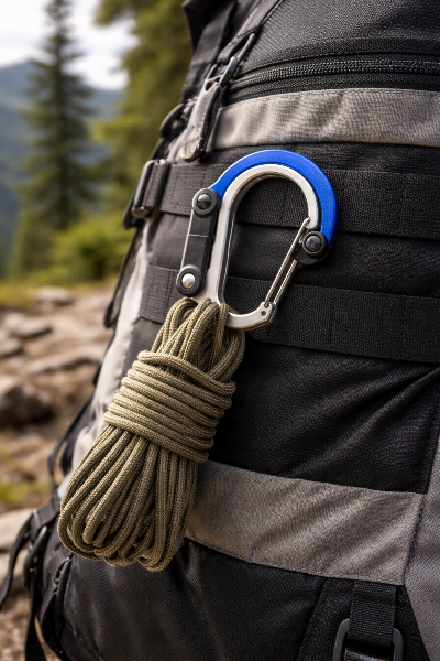 mousqueton bleu tenant une corde d'escalade