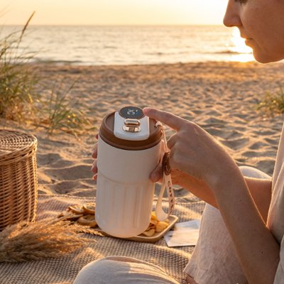 Mug isotherme à afficheur led couvercle marron