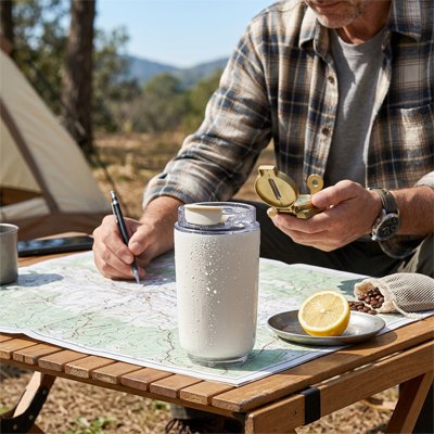 mug isotherme blanc homme et sa boisson froide