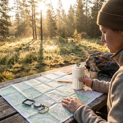 Mug isotherme femme qui planifie sa journée de trek