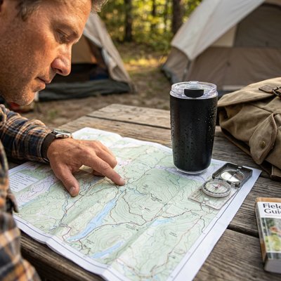 mug isotherme homme qui regarde une carte 
