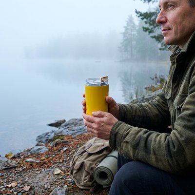mug isotherme homme relax au bord du lac