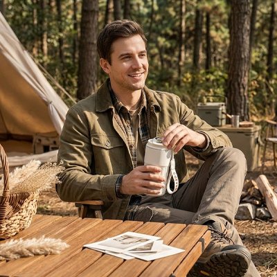 Mug isotherme homme relaxant en camping