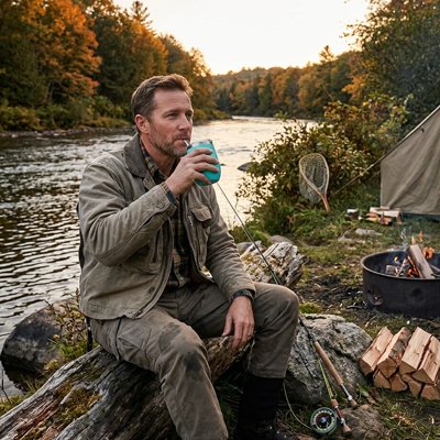 mug isotherme homme relaxant en camping