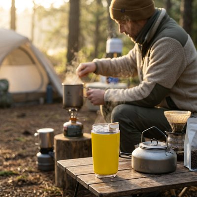mug isotherme jaune homme se prépare un café