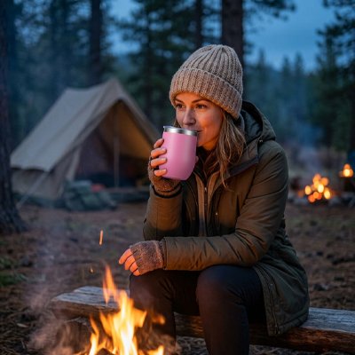 mug isotherme rose femme en camping