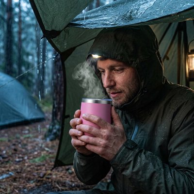 mug isotherme rose homme en camping sous la pluie