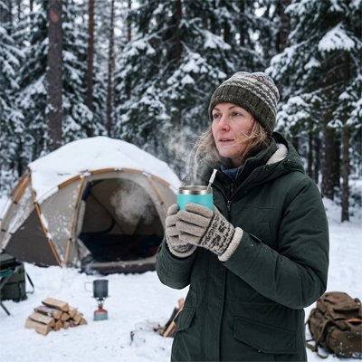 mug isotherme vert femme en camping d'hiver