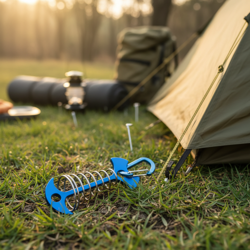 Piquet de tente dans un environnement de camping